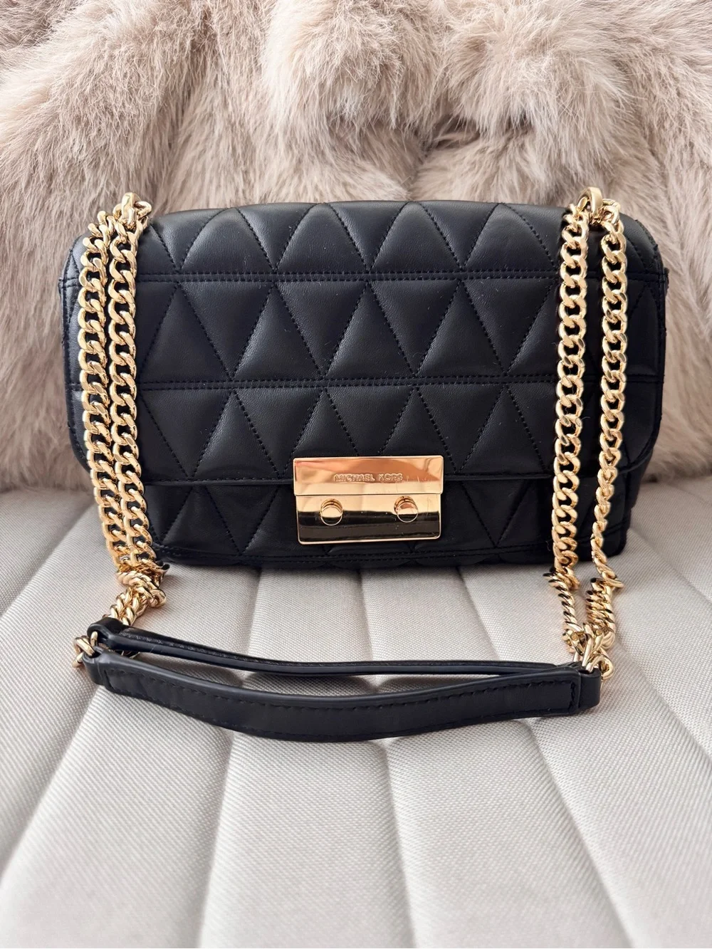 Michael Kors Sloan Black Quilted Leather Crossbody with Gold Chain
